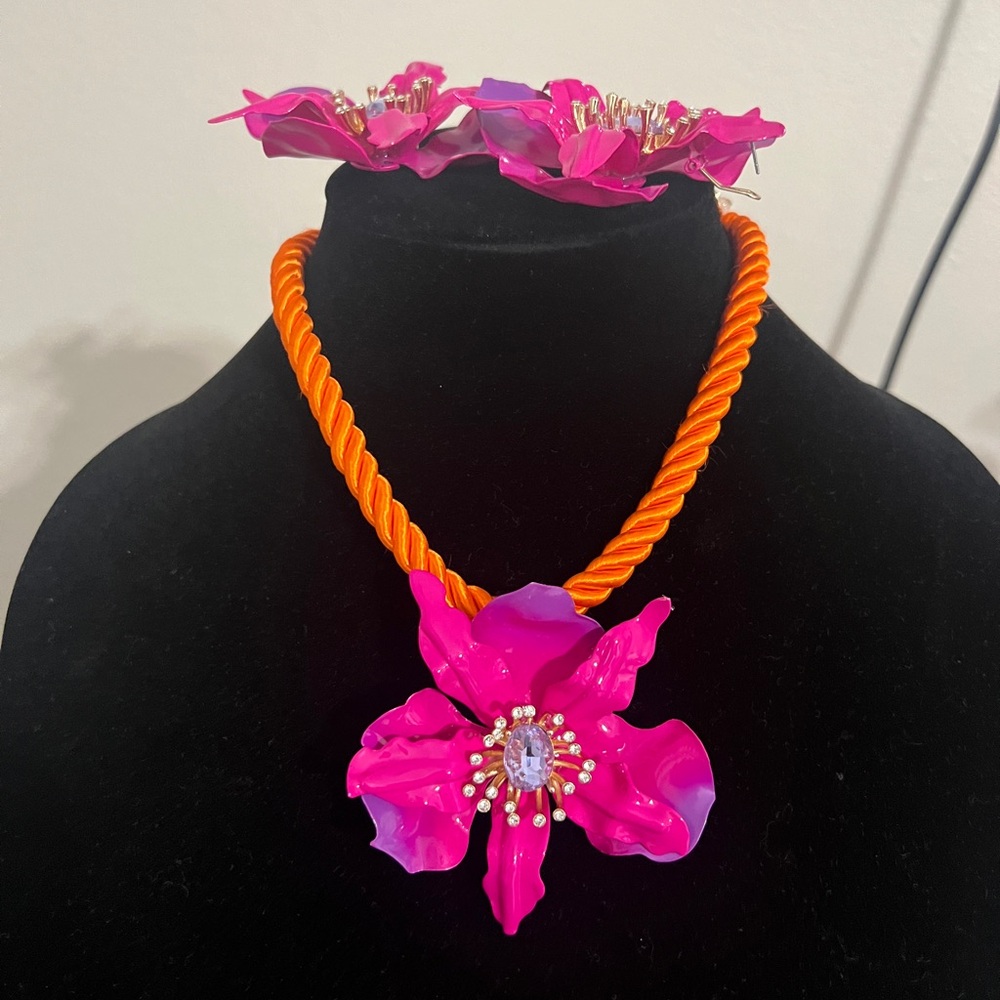 Betsey Johnson Hot Pink Flower Pendant Necklace with Orange Cord